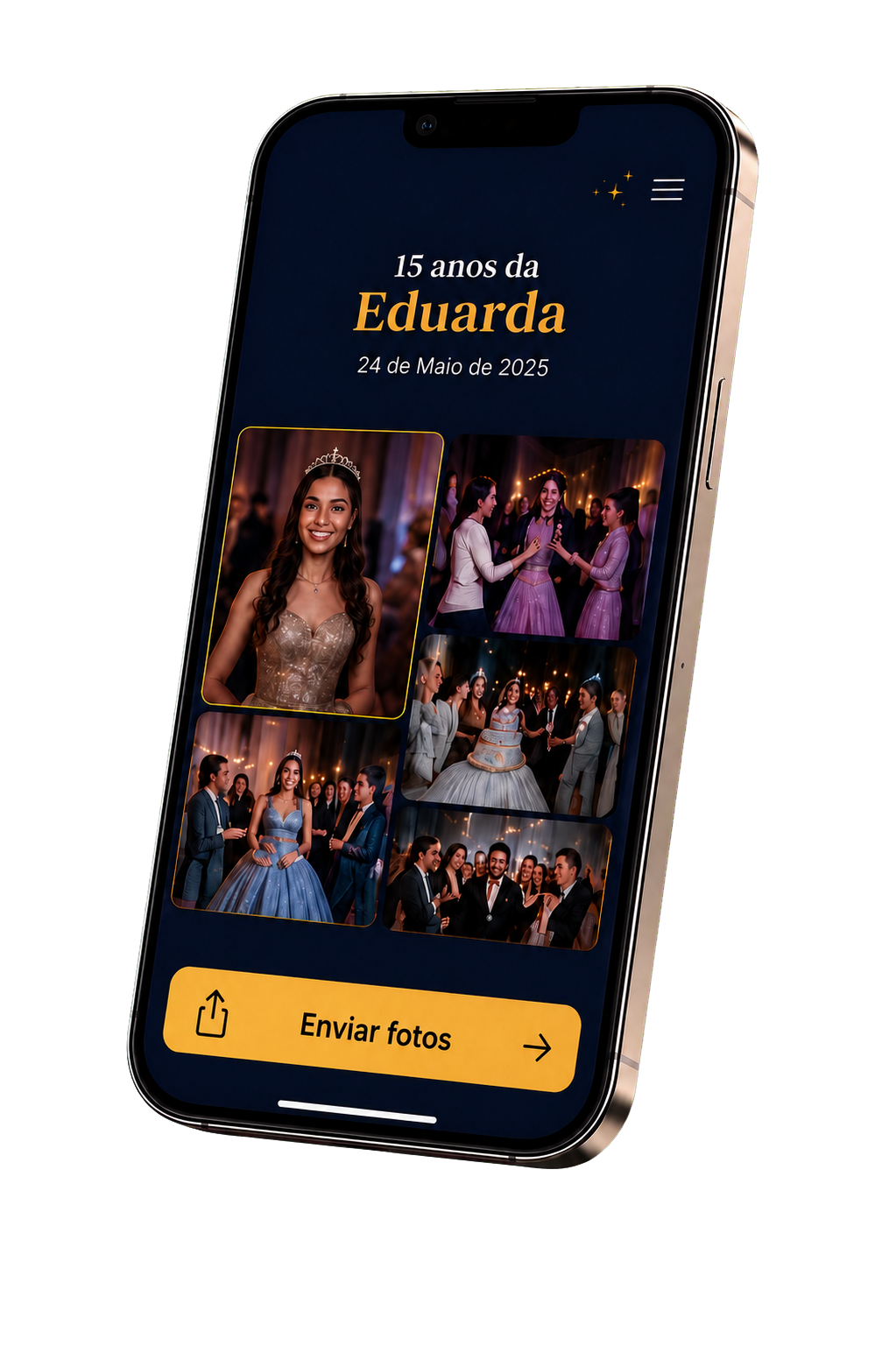Celular exibindo um álbum colaborativo de festa de 15 anos com botão Enviar fotos